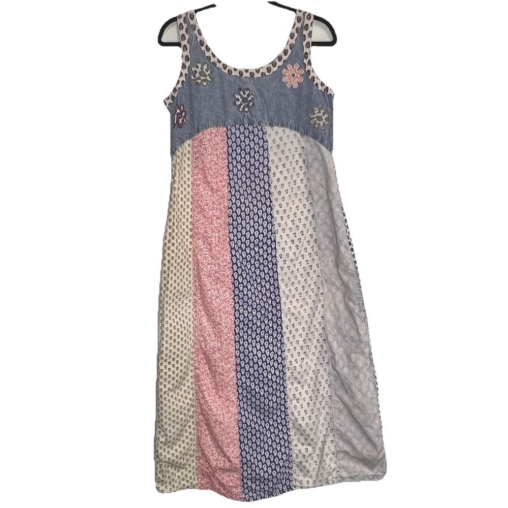 Sacred Threads Patchwork Maxi Dress Size M Floral Embroidered Boho Denim Top